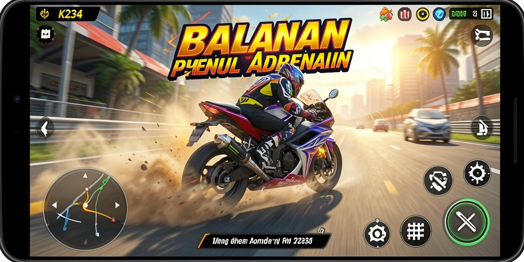 Tampilan gameplay K234 yang menegangkan dan penuh aksi balapan motor.