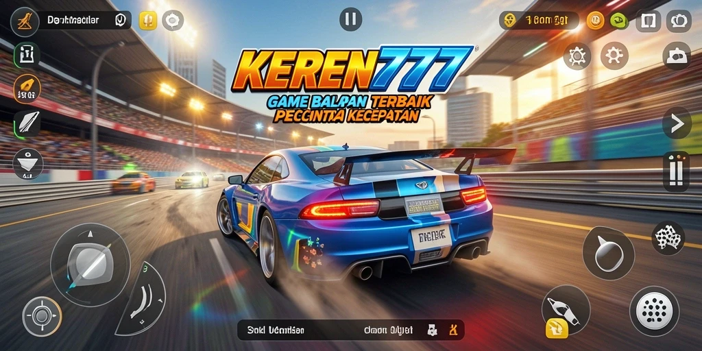 Screenshot gameplay KEREN777 menunjukkan balapan yang seru dan mobil yang bertenaga.