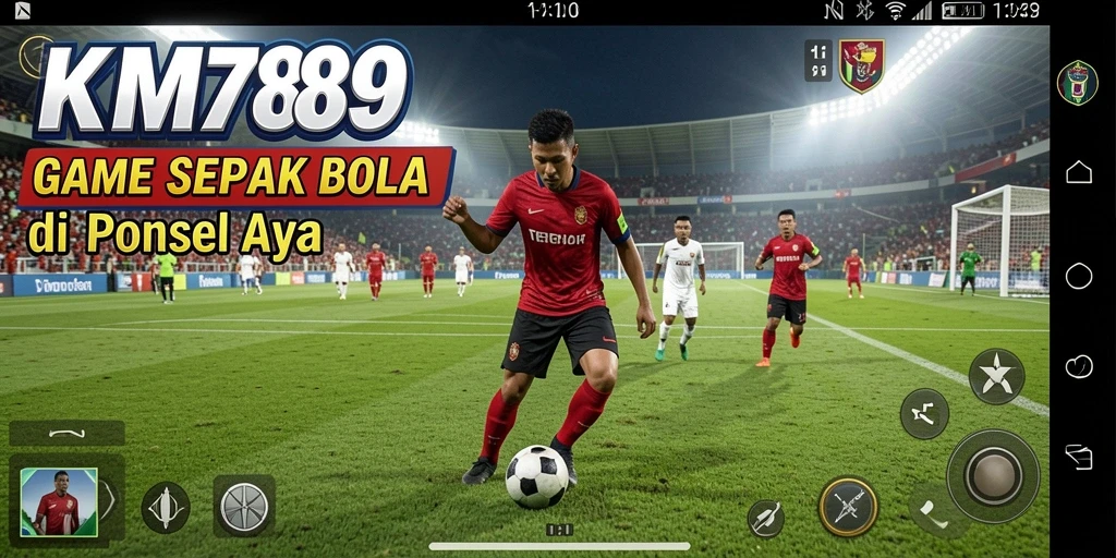 Screenshot gameplay KM789 menampilkan aksi seru di lapangan sepak bola.