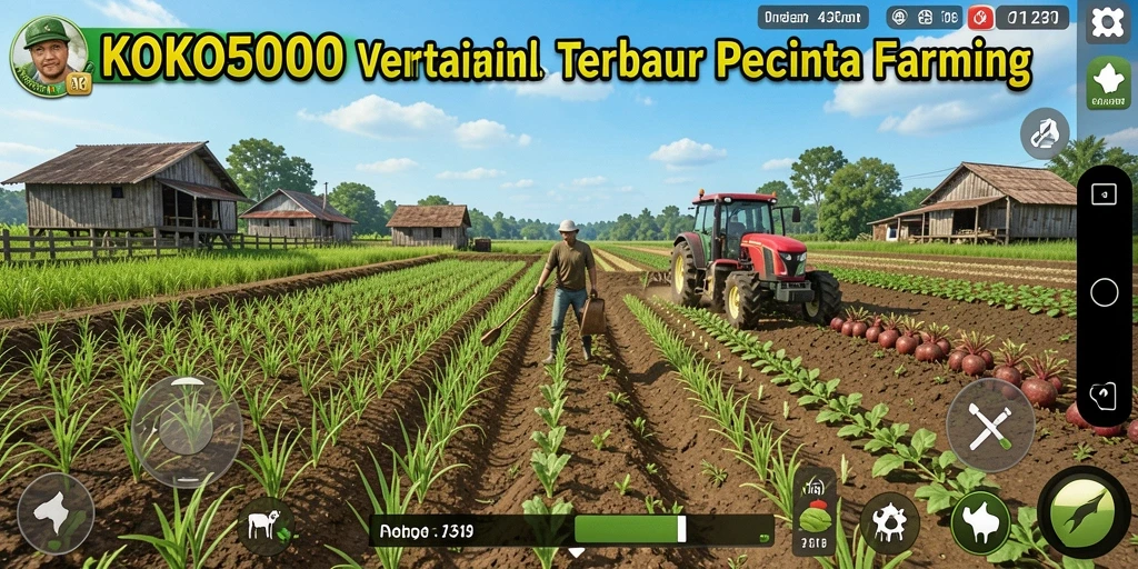 Gameplay Farming KOKO5000 dengan tanaman dan hewan yang beragam.