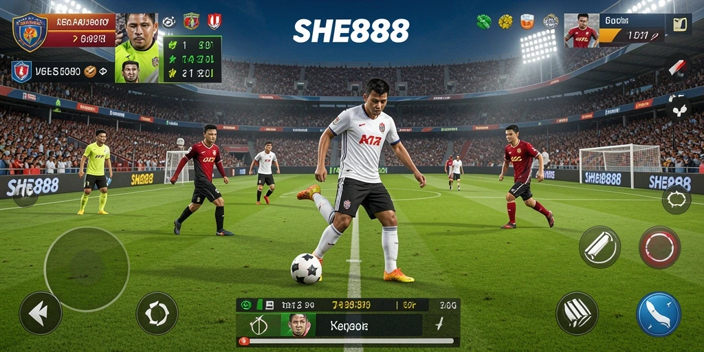 Gameplay intens di lapangan sepak bola dalam SHE888.
