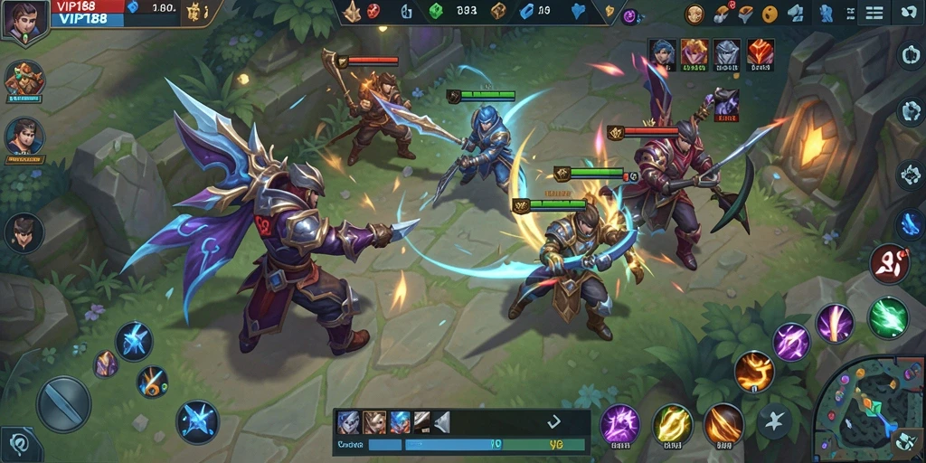 Gameplay intens di VIP188 dengan pertarungan antar karakter MOBA.